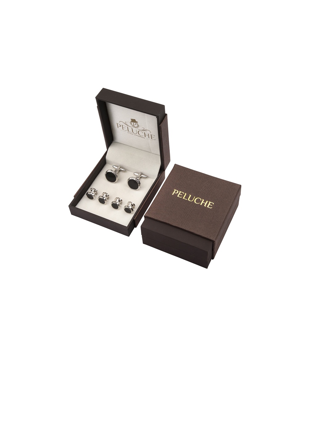 

PELUCHE Set Of 6 Silver & Black Brass Crystal Studded Cufflink & Shirt Stud Gift Set