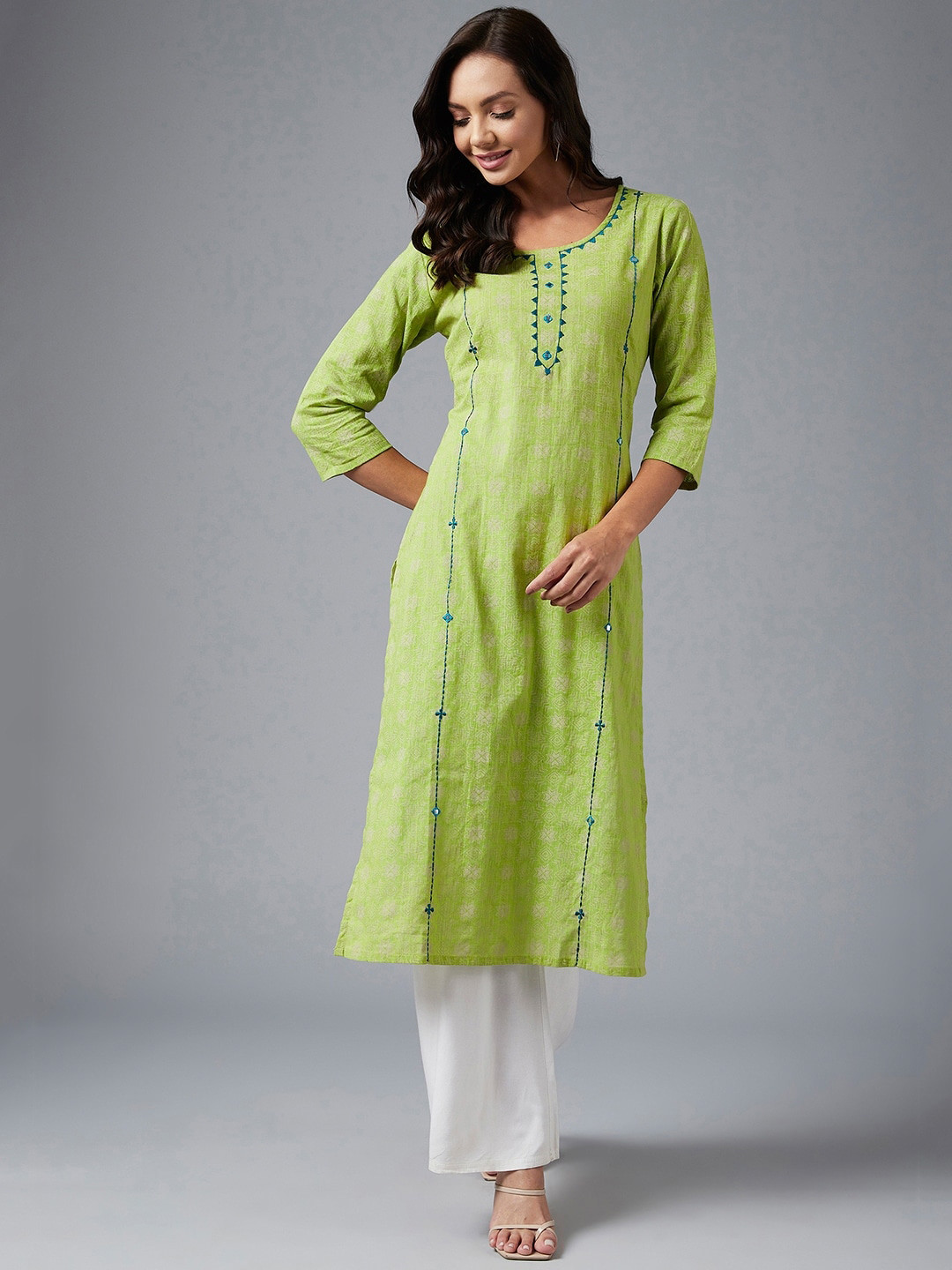 

Azira Women Green Embroidered Straight Kurta