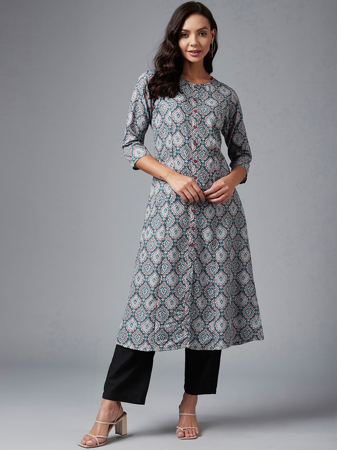 

Azira Women Grey & Red Ethnic Motifs Printed A-line Kurta