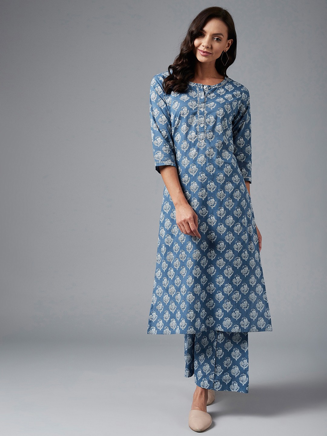 

Azira Women Blue Ethnic Motifs Printed Pure Cotton Kurta with Palazzos