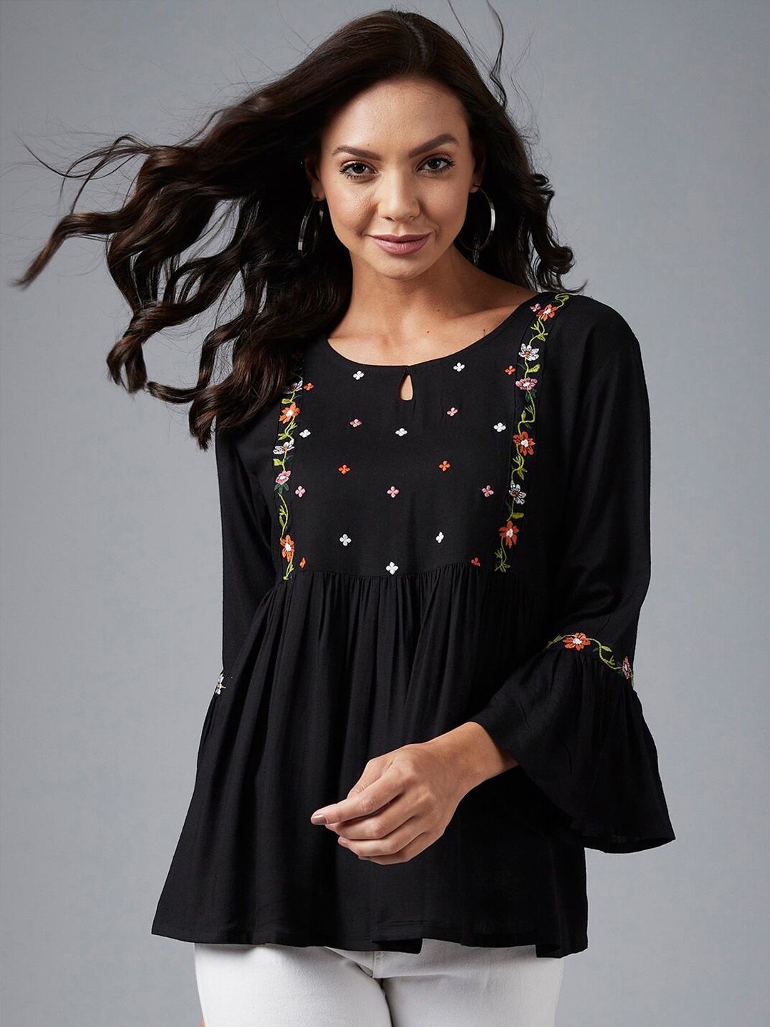 

Azira Black Floral Embroidered A-Line Top