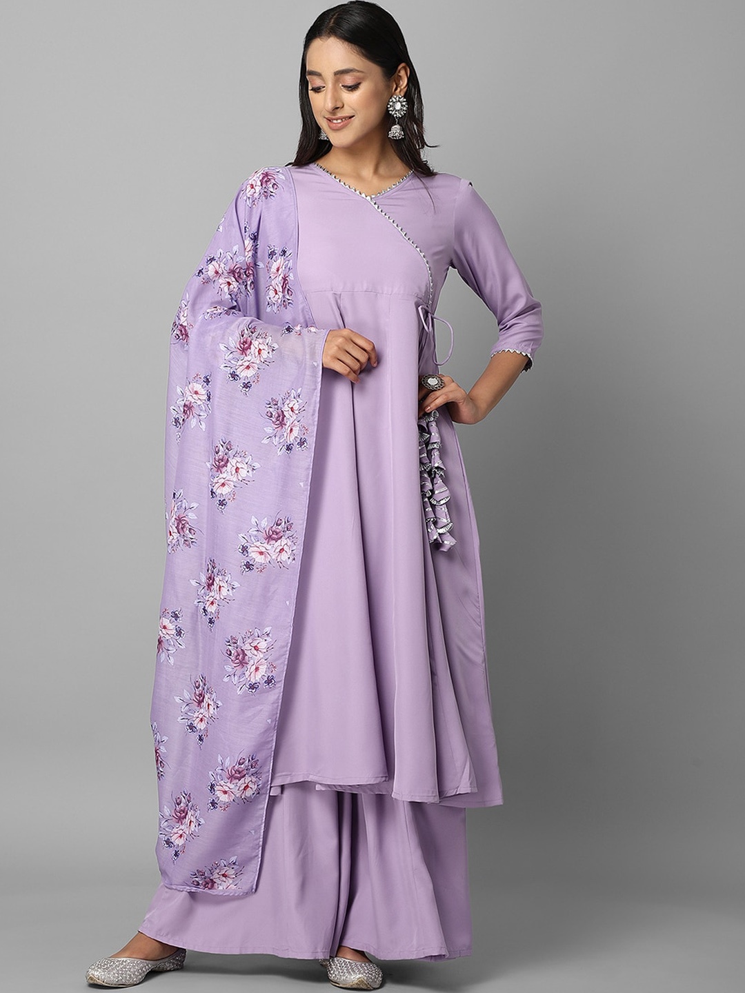 

Azira Women Lavender Floral Angrakha Kurta with Sharara & Dupatta