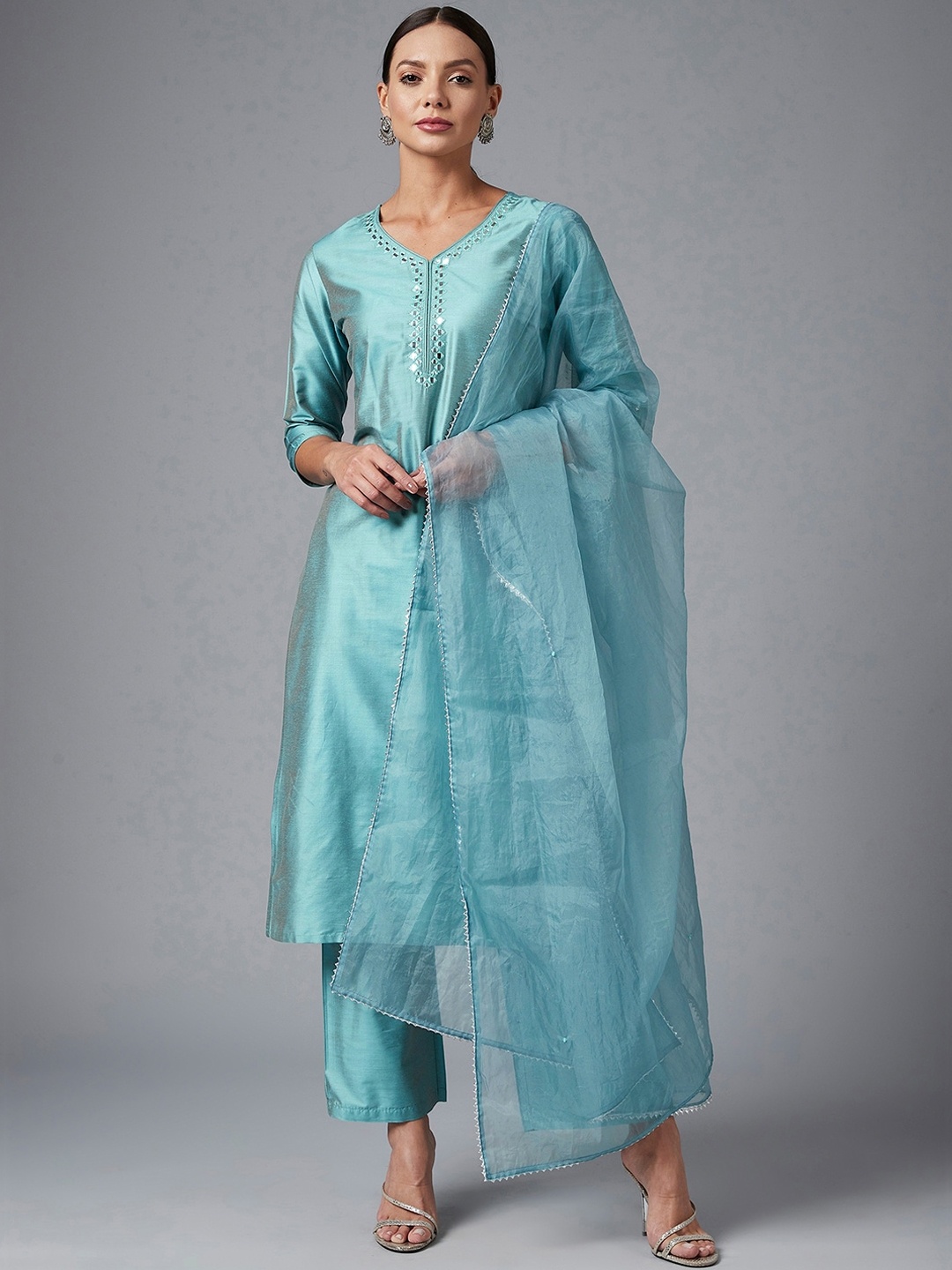 

Azira Women Turquoise Blue Solid A-line Kurta with Palazzo & Dupatta