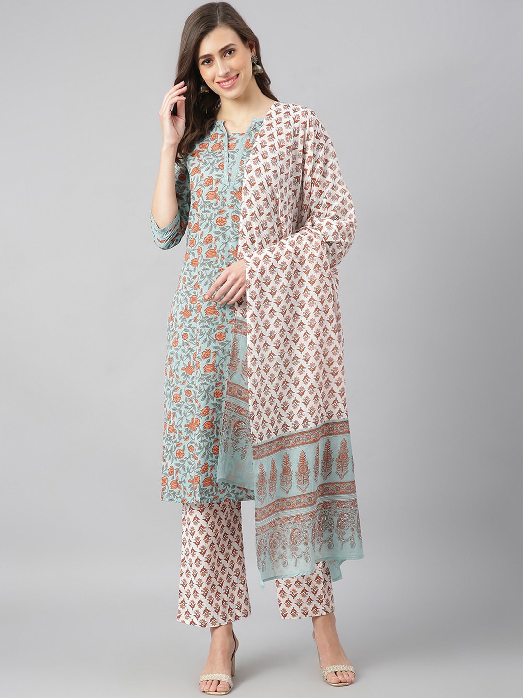 

Azira Women Blue Floral Printed Pure Cotton Kurta with Palazzos & With Dupatta