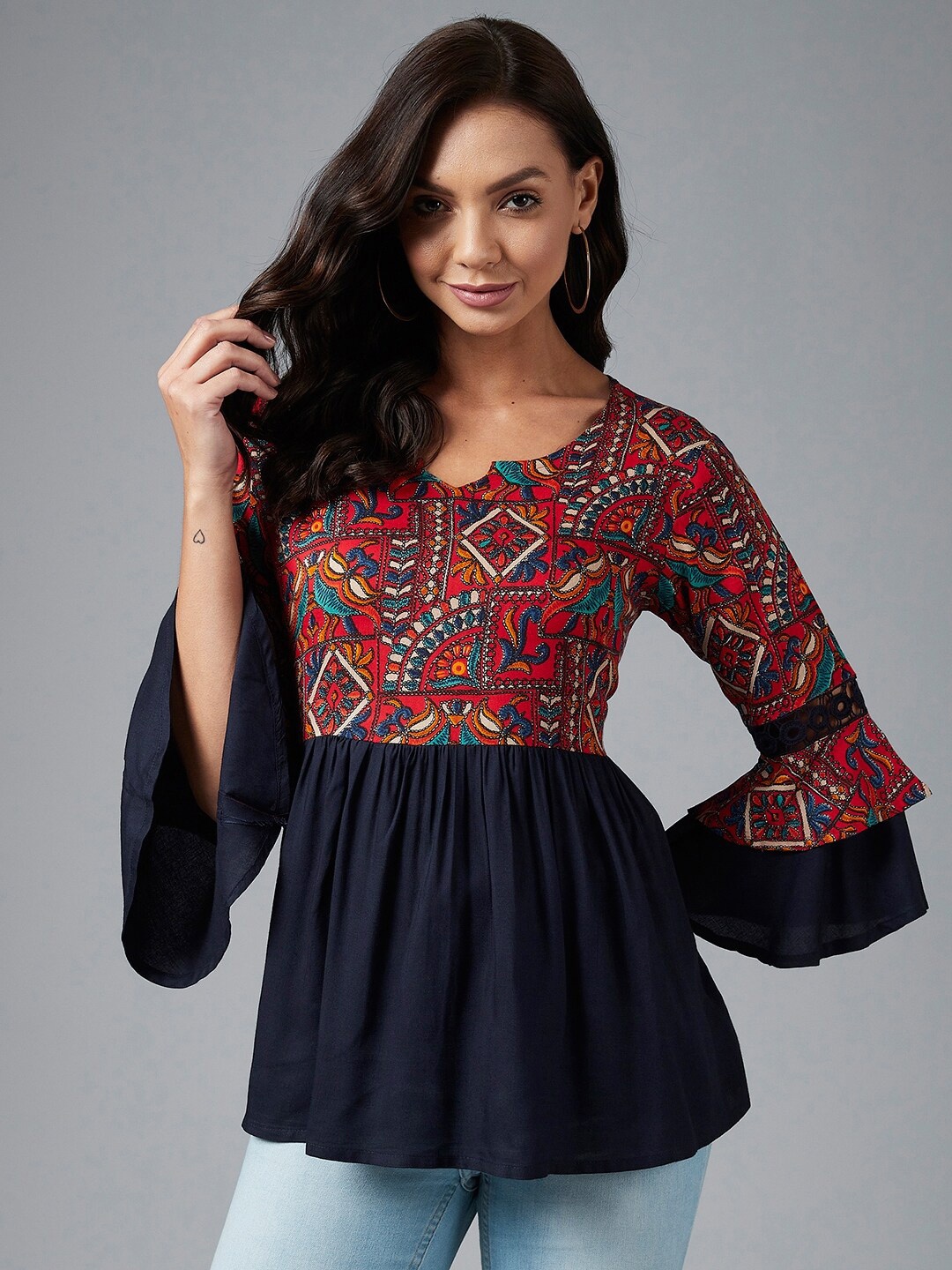 

Azira Red & Navy Blue Ethnic Printed Gathered A-line Top