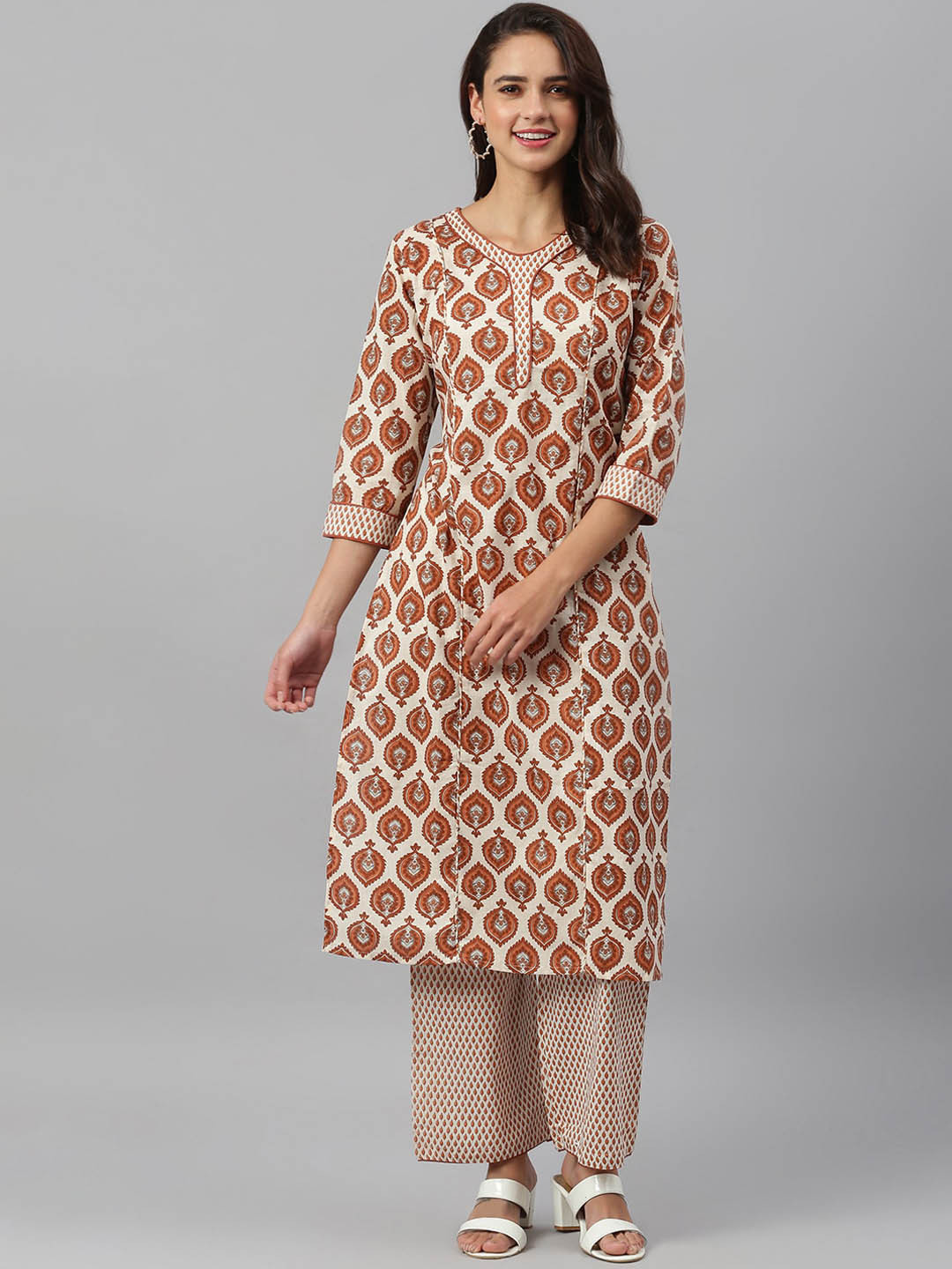 

Azira Women Beige Ethnic Motifs Printed Angrakha Pure Cotton Kurta with Palazzos