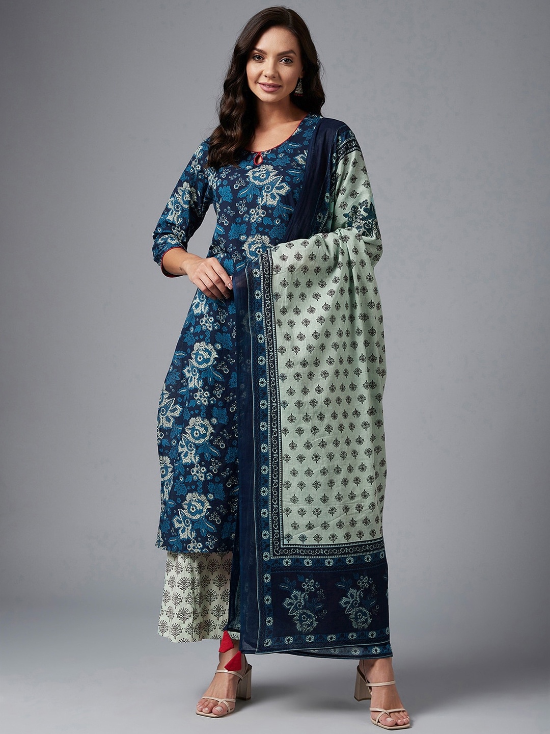 

Azira Women Navy Blue Floral Printed Pure Cotton Kurta with Palazzos & With Dupatta