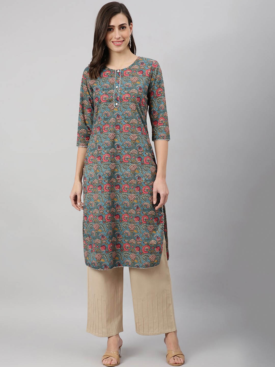 

Azira Women Green & Pink Ethnic Motifs Printed Straight Kurta