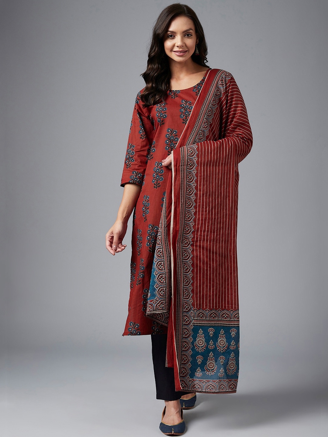 

Azira Women Maroon Ethnic Motifs Printed Pure Cotton A-line Kurta with Palazzos & Dupatta