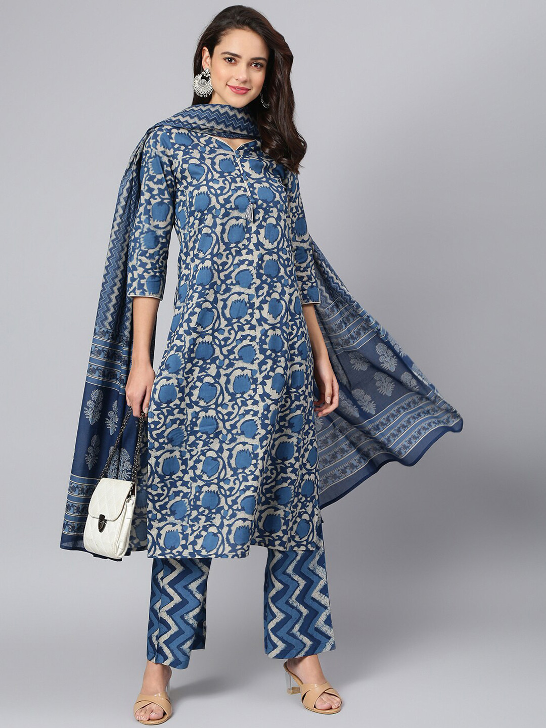 

Azira Women Navy Blue Ethnic Motifs Printed Pure Cotton Kurta With Trousers & Dupatta