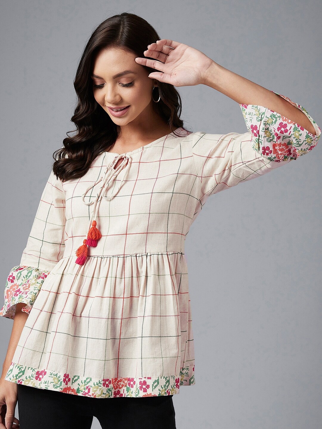 

Azira Off White & Pink Checked Tie-Up Neck Pure Cotton Longline Top