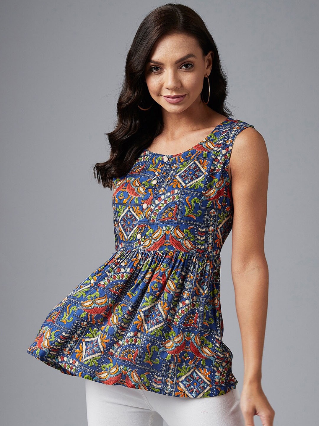 

Azira Blue Ethnic Print Empire Ethnic Top