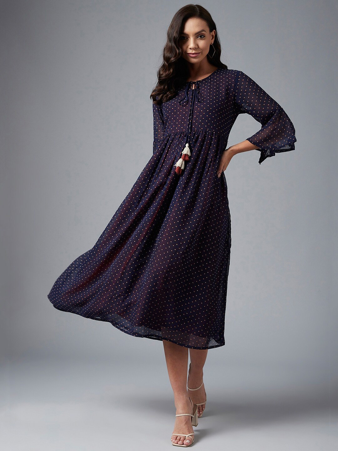 

Azira Women Navy Blue & Rust Printed Georgette Midi Dress