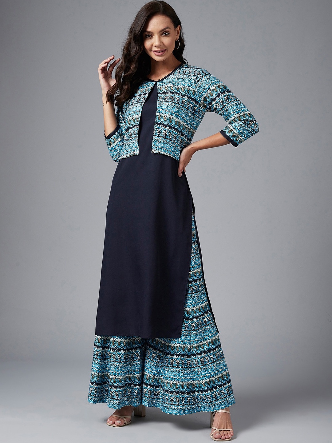 

Azira Women Navy Blue Yoke Design Straight Kurta with Palazzos