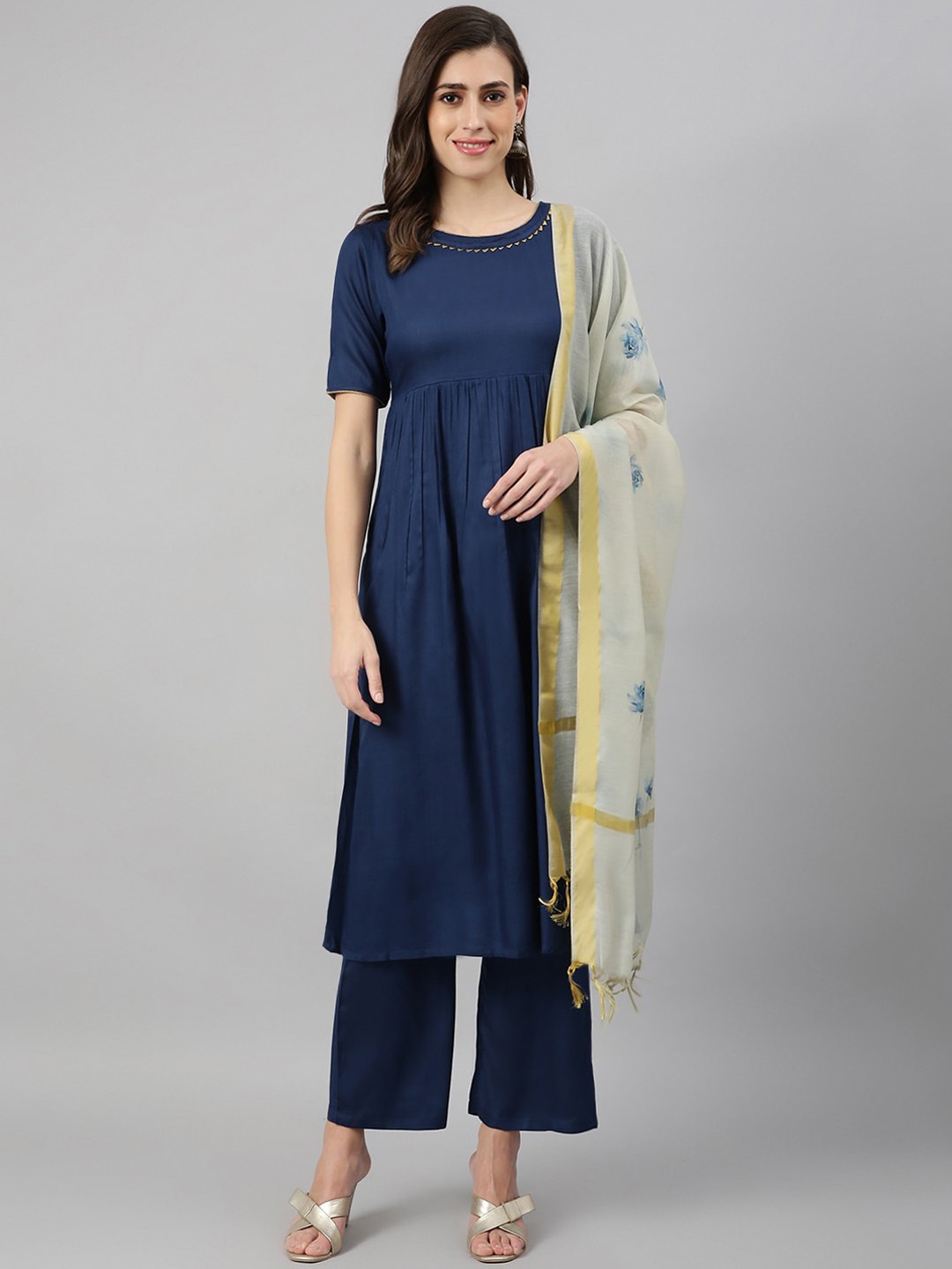

Azira Women Navy Blue Solid Empire Kurta With Palazzos & Dupatta