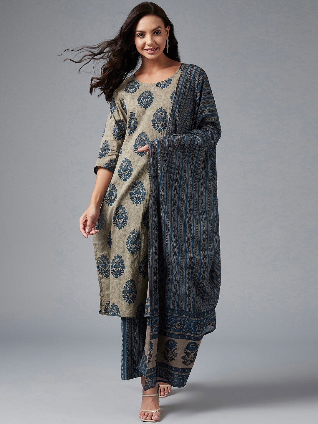 

Azira Women Olive Green Floral Striped Pure Cotton Kurta with Trousers & With Dupatta