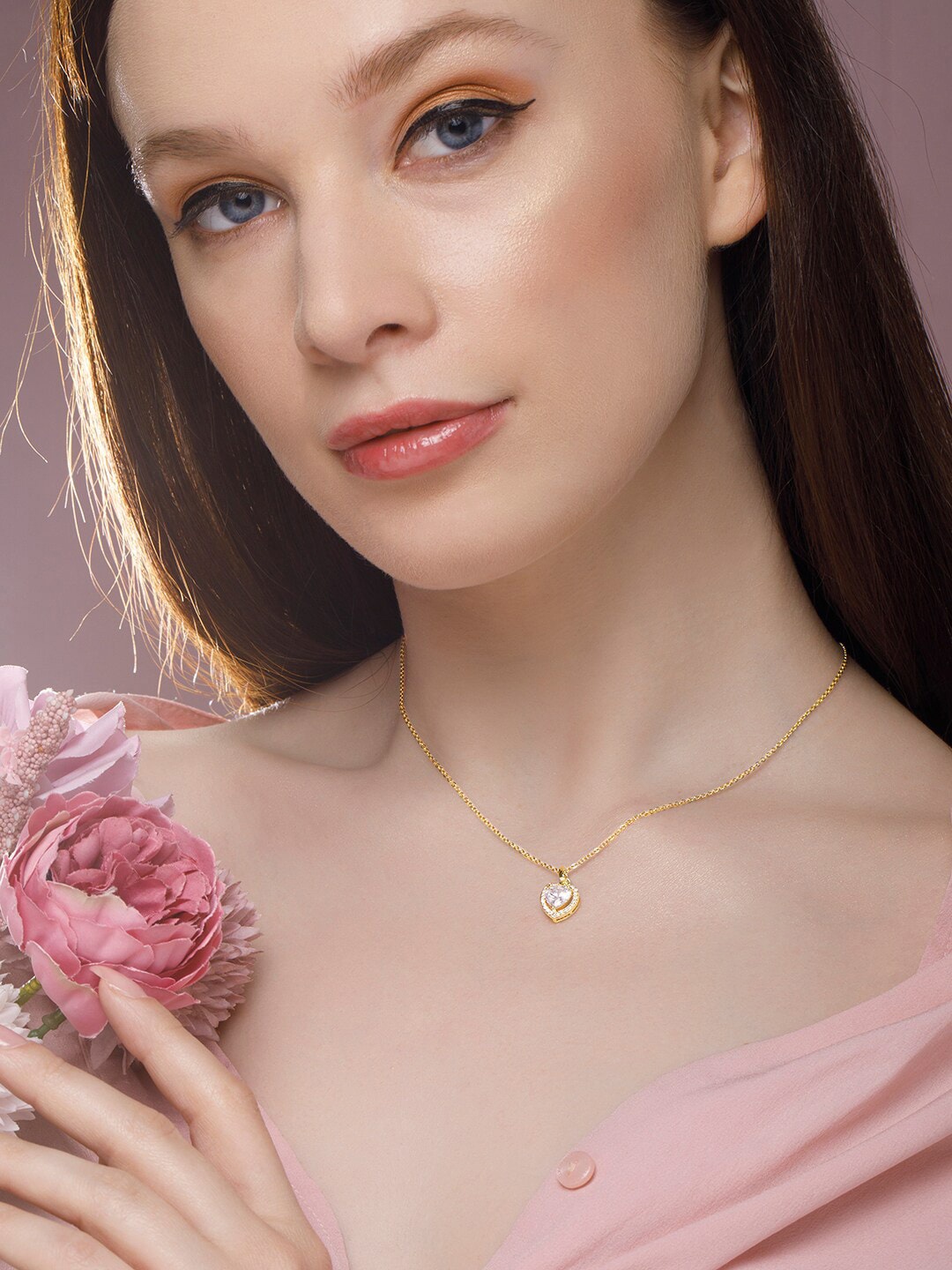 

Rubans Voguish Gold-Plated & White AD Studded Heart shaped Pendant Chain