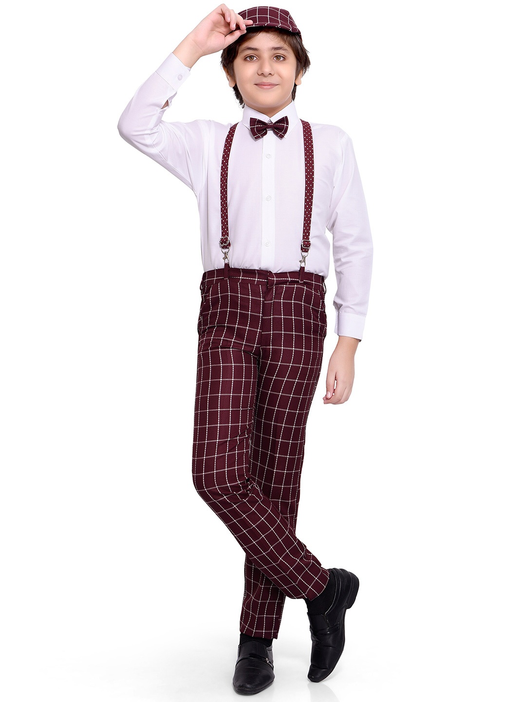 

Jeetethnics Boys Maroon & White Shirt with Trousers and Suspenders