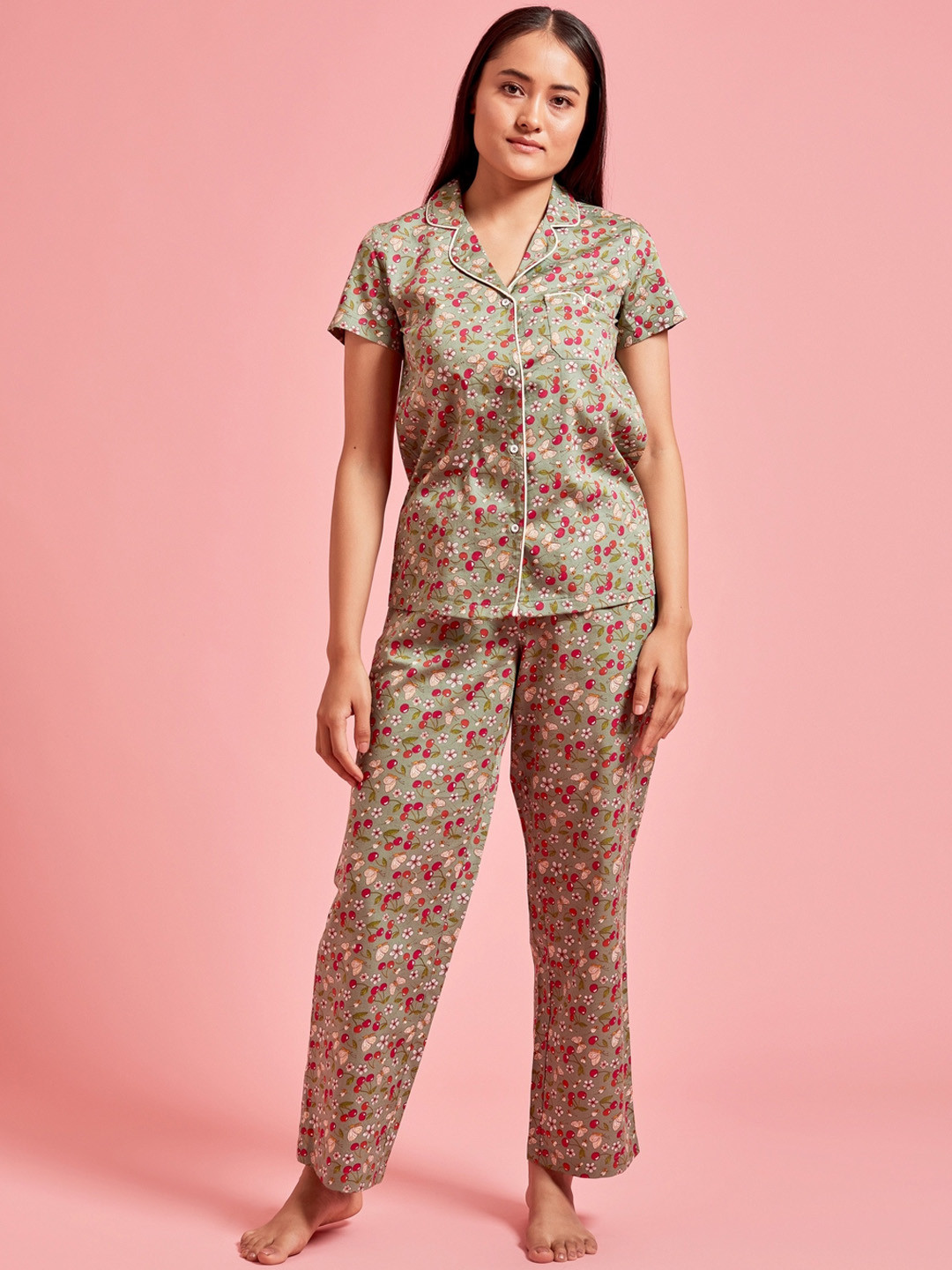 

THE CLOTHING FACTORY Women Green & Pink Printed Pure Cotton Night suit