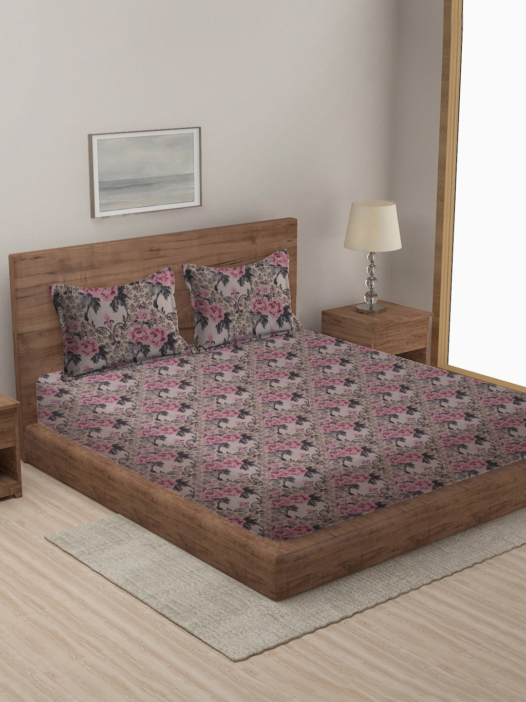 

MULTITEX Pink & Beige Printed Cotton Double Queen Bed Cover With Pillow Covers