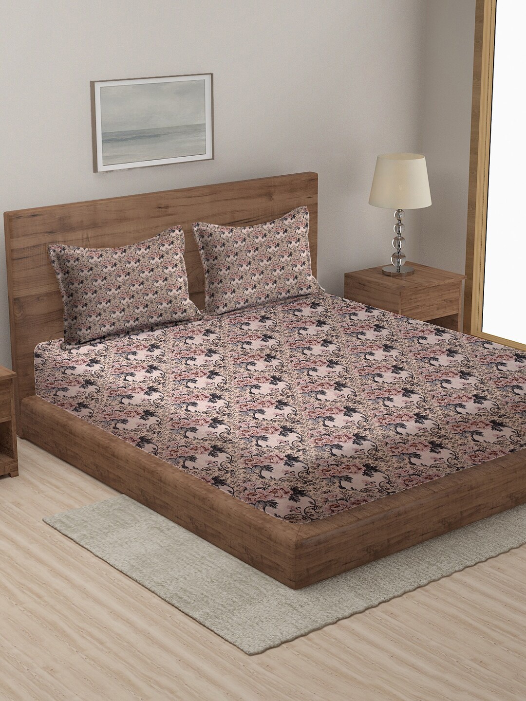 

MULTITEX Brown & Grey Printed Cotton Double Queen Bed Cover With 2 Pillow Covers