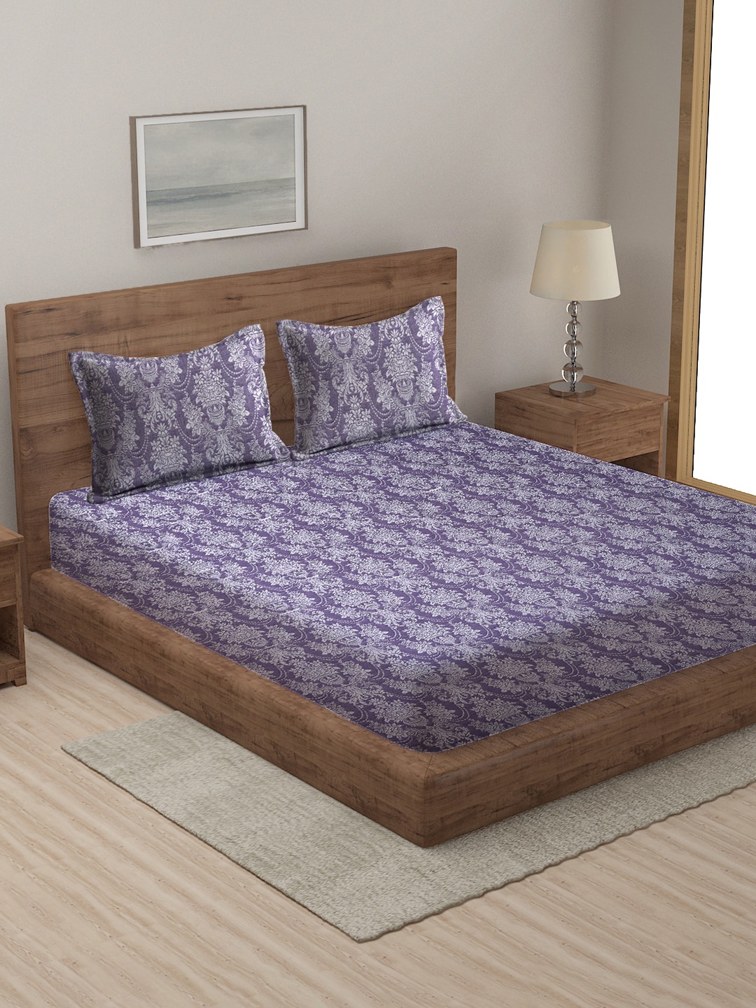 

MULTITEX Purple Printed Single Bed Cover With Pillow Covers