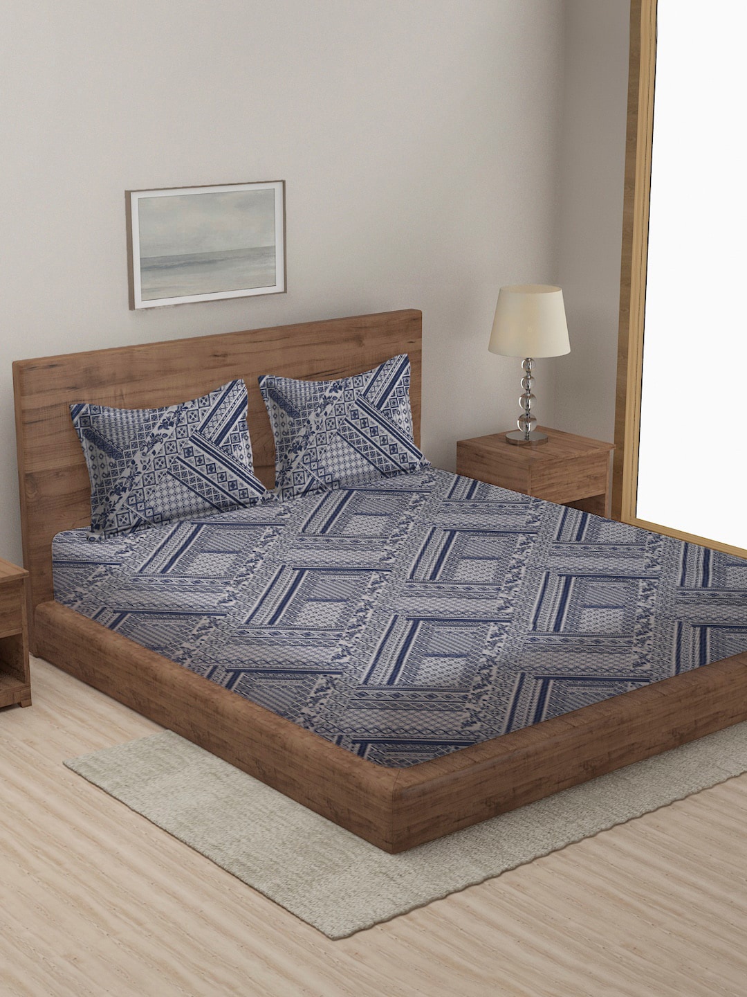 

MULTITEX Blue & White Printed Cotton Double Queen Bed Cover With 2 Pillow Covers