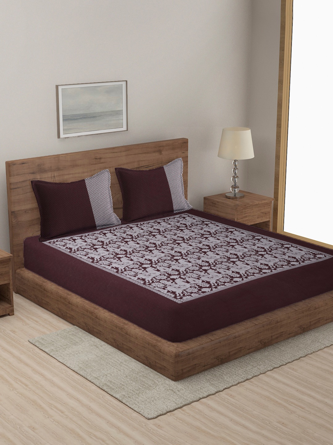 

MULTITEX Maroon & White Printed Cotton Double Queen Bed Cover With Pillow Covers