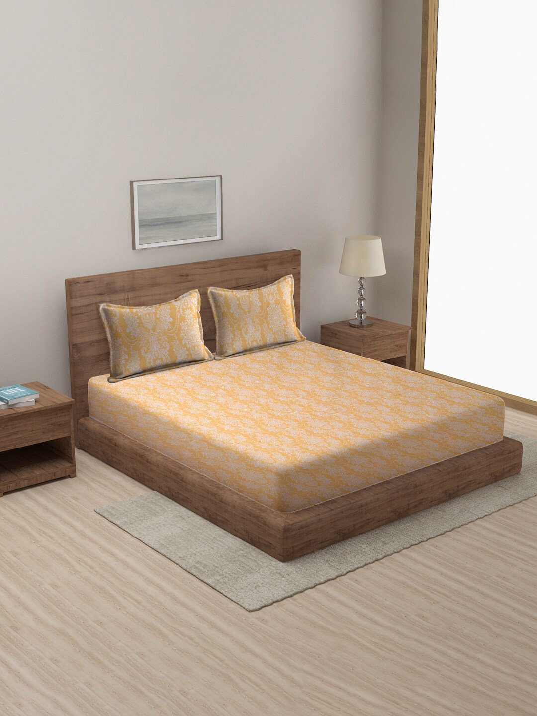 

MULTITEX Yellow & White Printed Cotton Double Queen Bed Cover With Pillow Covers