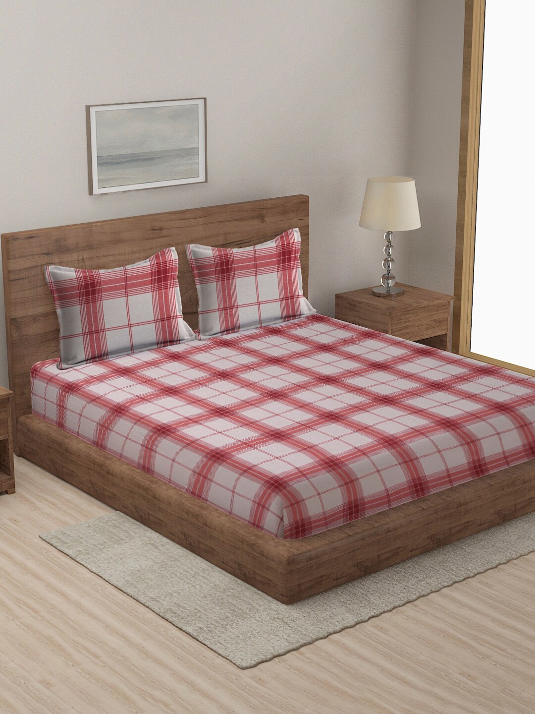 

MULTIPLEX Red & White Checked Cotton Double Queen Bed Cover With Pillow Cover