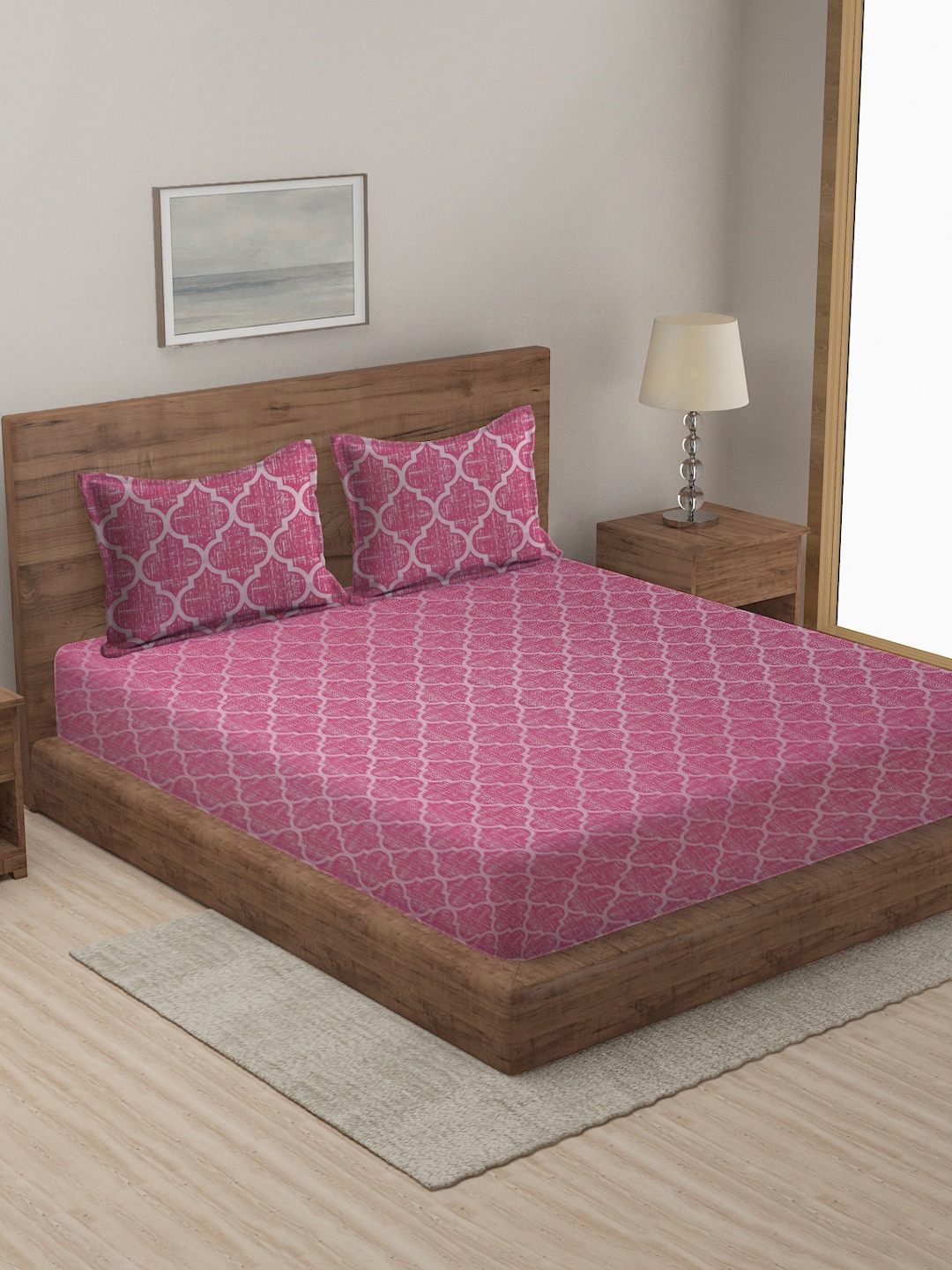 

MULTITEX Pink & White Printed Double Queen Bed Cover With Two Pillow Covers