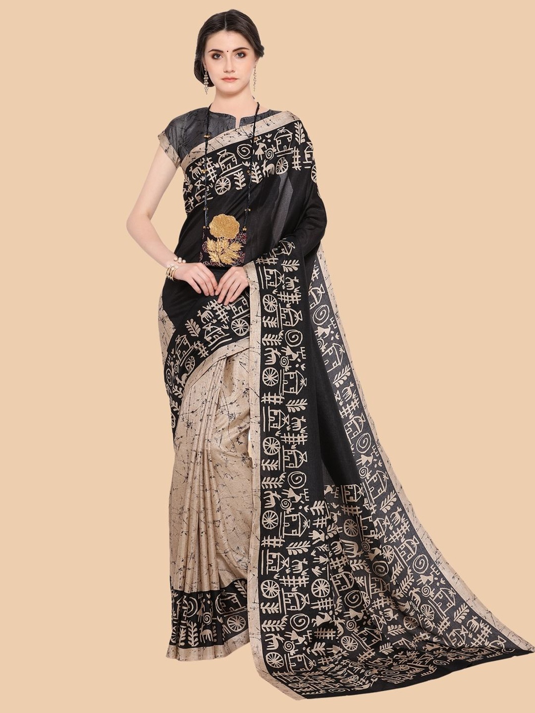 

KALINI Black & Beige Kalamkari Silk Blend Fusion Saree