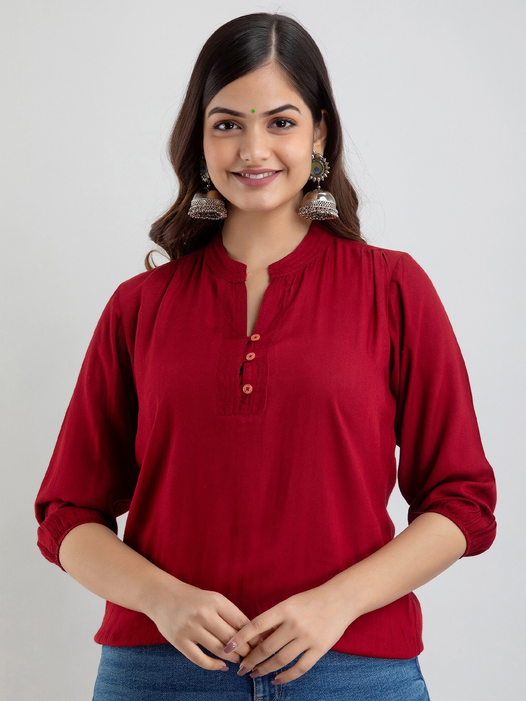 

KALINI Maroon Mandarin Collar Blouson Top