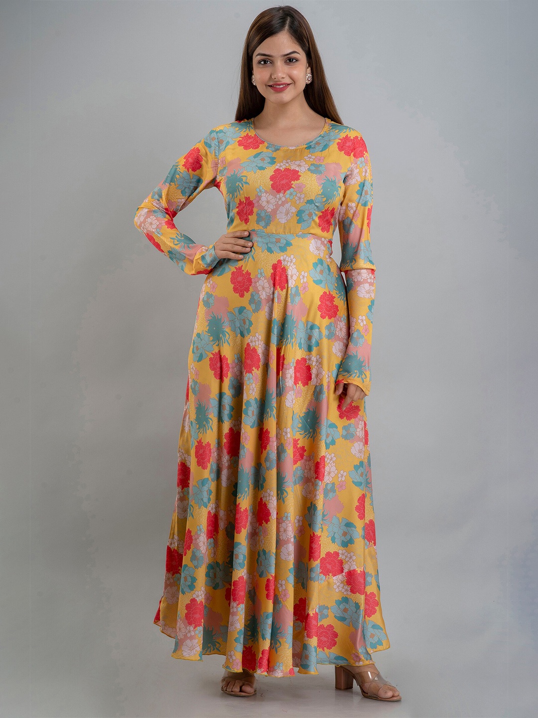 

KALINI Yellow & Blue Floral Satin Maxi Dress
