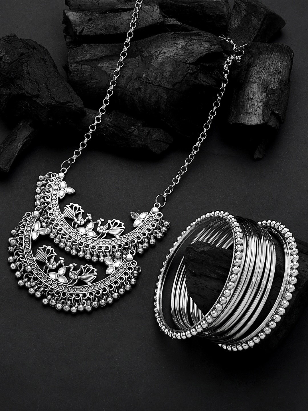 

Fida Set of 2 Silver-Plated Oxidised Necklace With Bangles