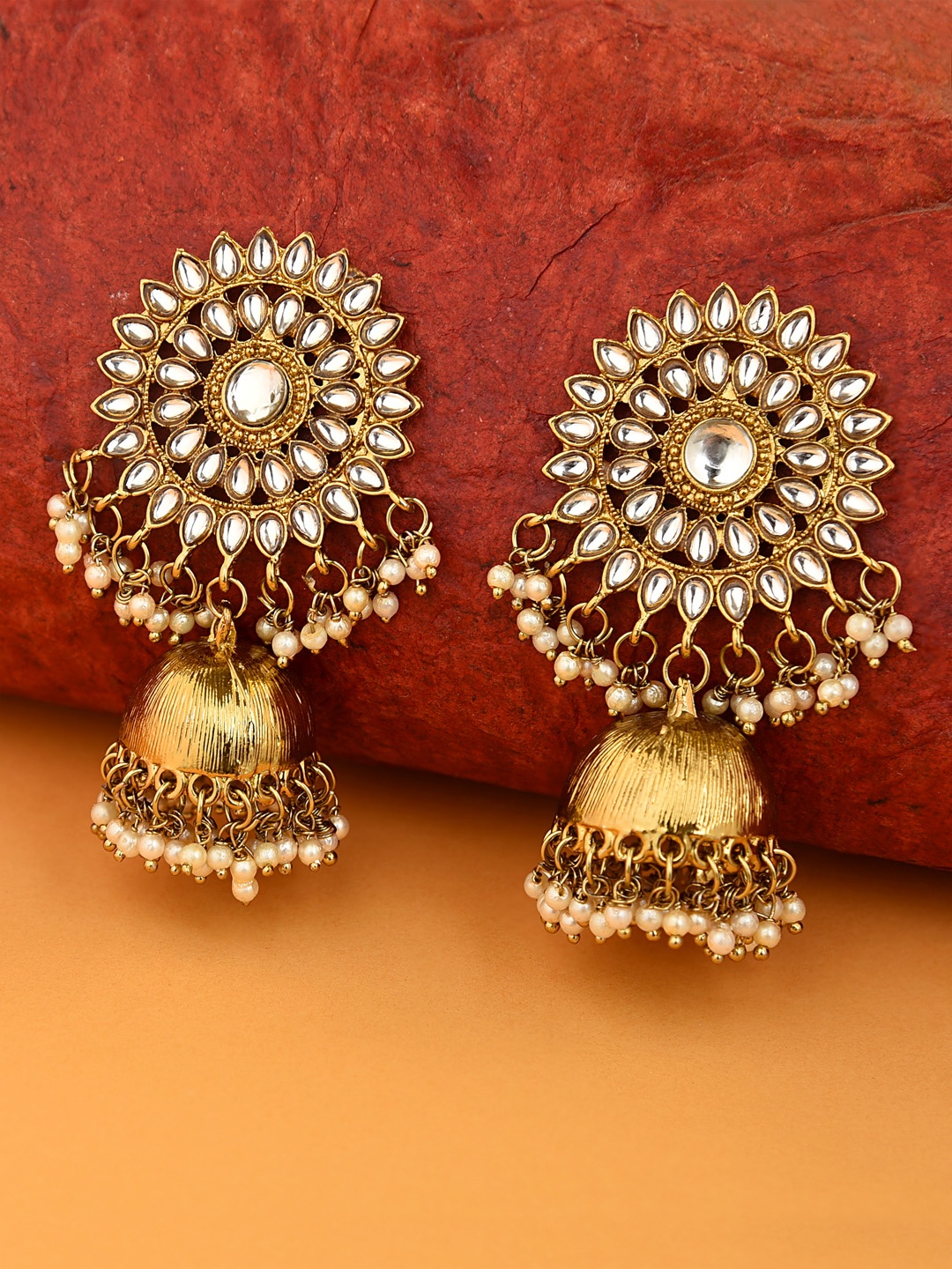 

Fida Gold-Plated & White Pearl Circular Jhumkas Earrings
