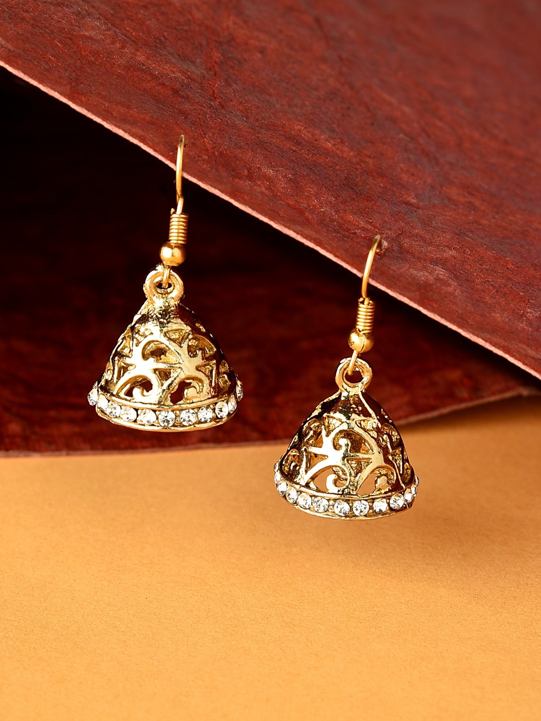 

Fida Gold-Plated Dome Shaped White Artificial Stone Studded Jhumkas Earrings