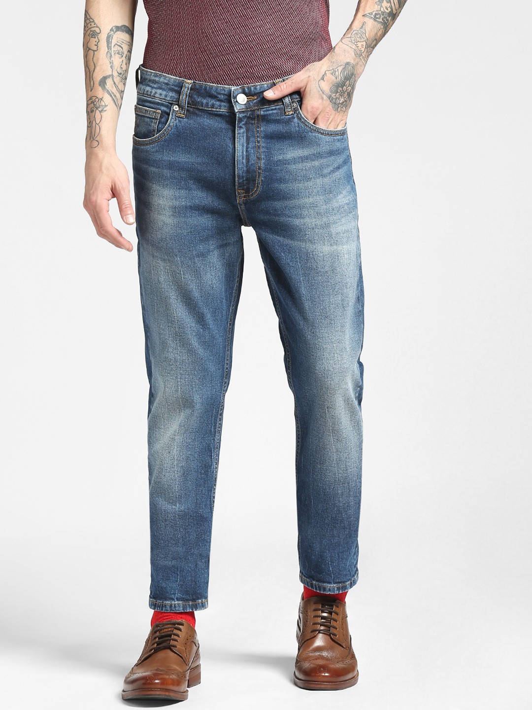 

Jack & Jones Men Blue Slim Fit Low Distress Heavy Fade Cotton Jeans