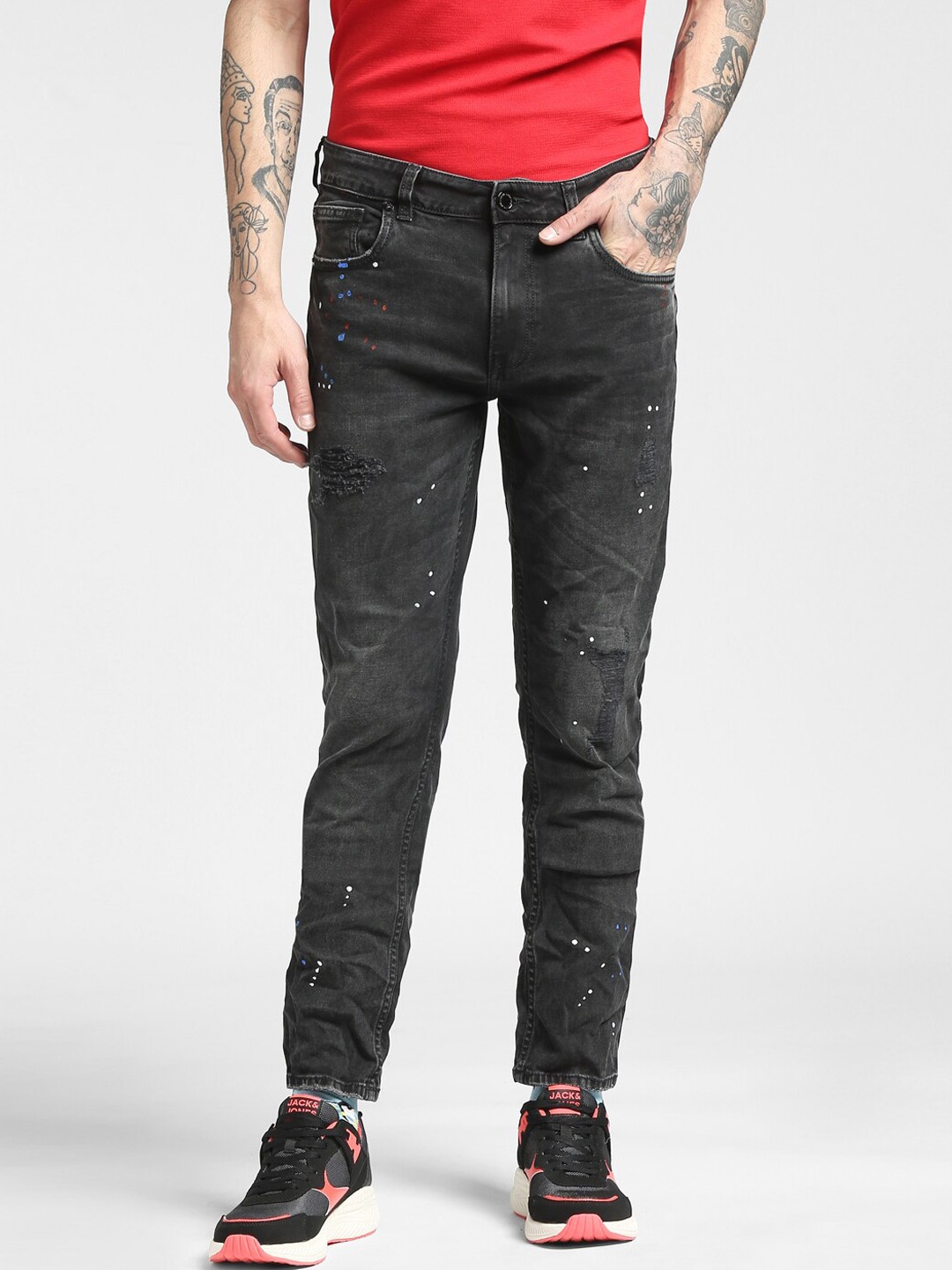 

Jack & Jones Men Black Slim Fit Mildly Distressed Light Fade Cotton Jeans