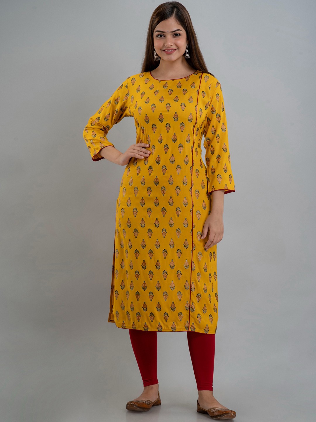 

Women Touch Women Yellow Geometric Flared Sleeves Kurta, Mustard