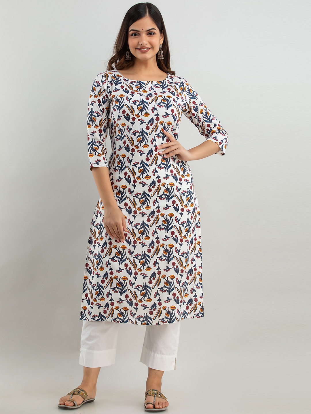 

Women Touch Women White & Blue Floral Screen Printed A-line Kurta