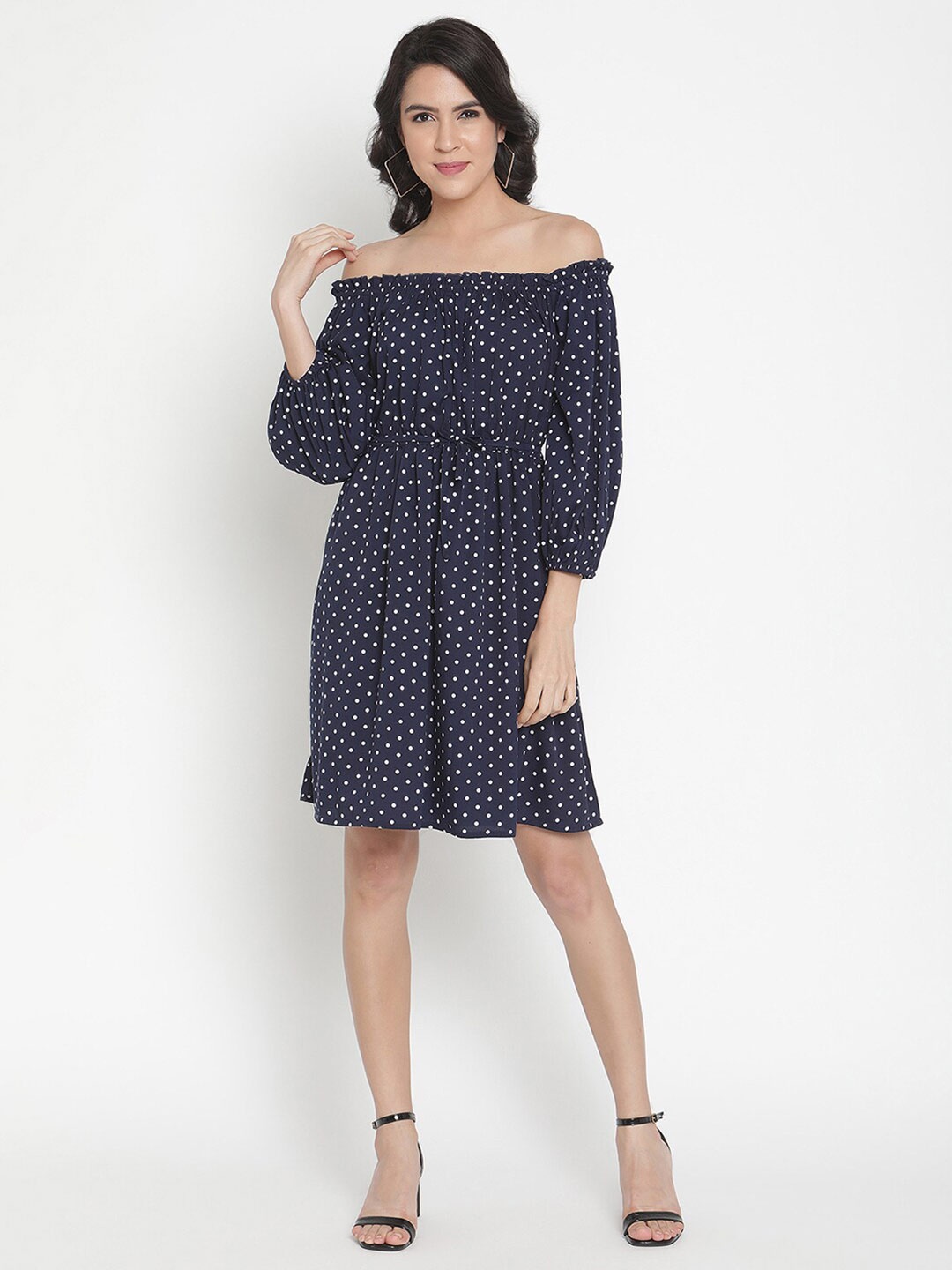 

THREAD MUSTER Navy Blue Off-Shoulder Crepe Dress