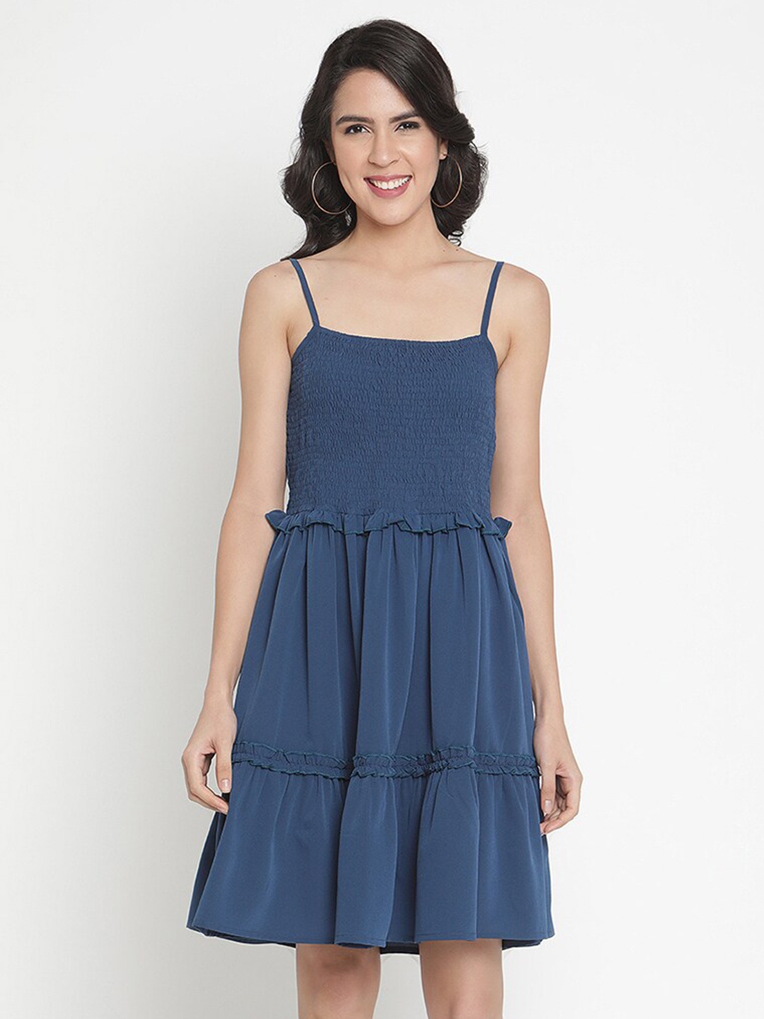

THREAD MUSTER Blue Smocked Tiered Fit & Flare Dress