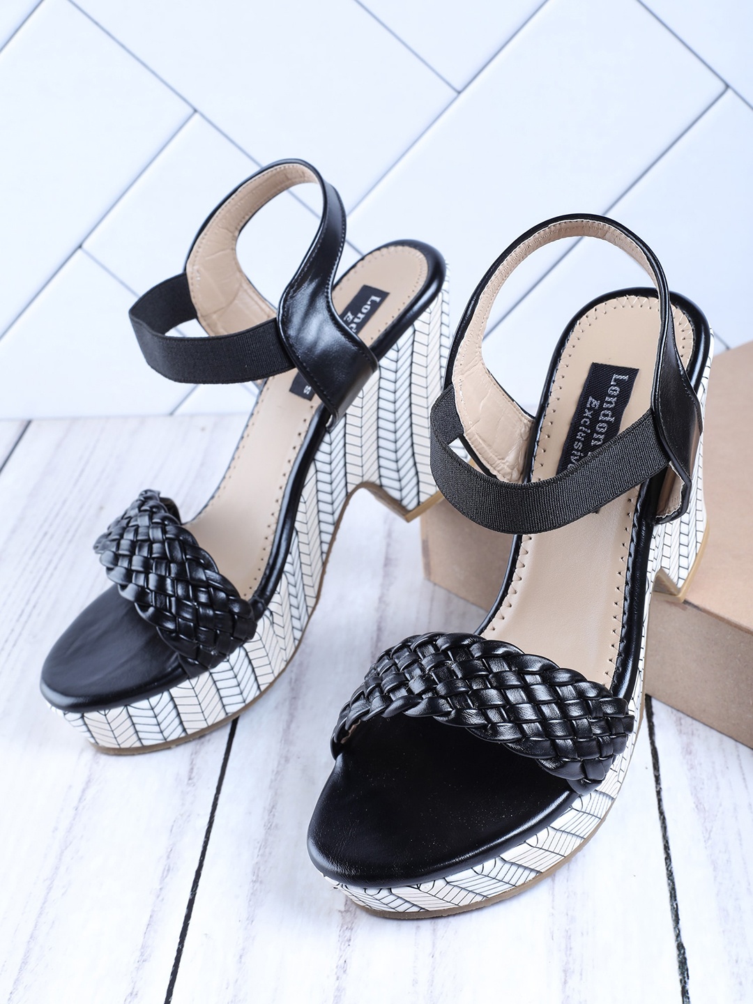 

LONDON STEPS Black Woven Design Block Heels