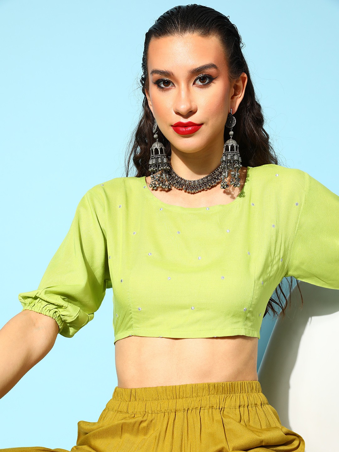 

Anouk Women Bright Lime Green Geometric Ethnic Fusion Top