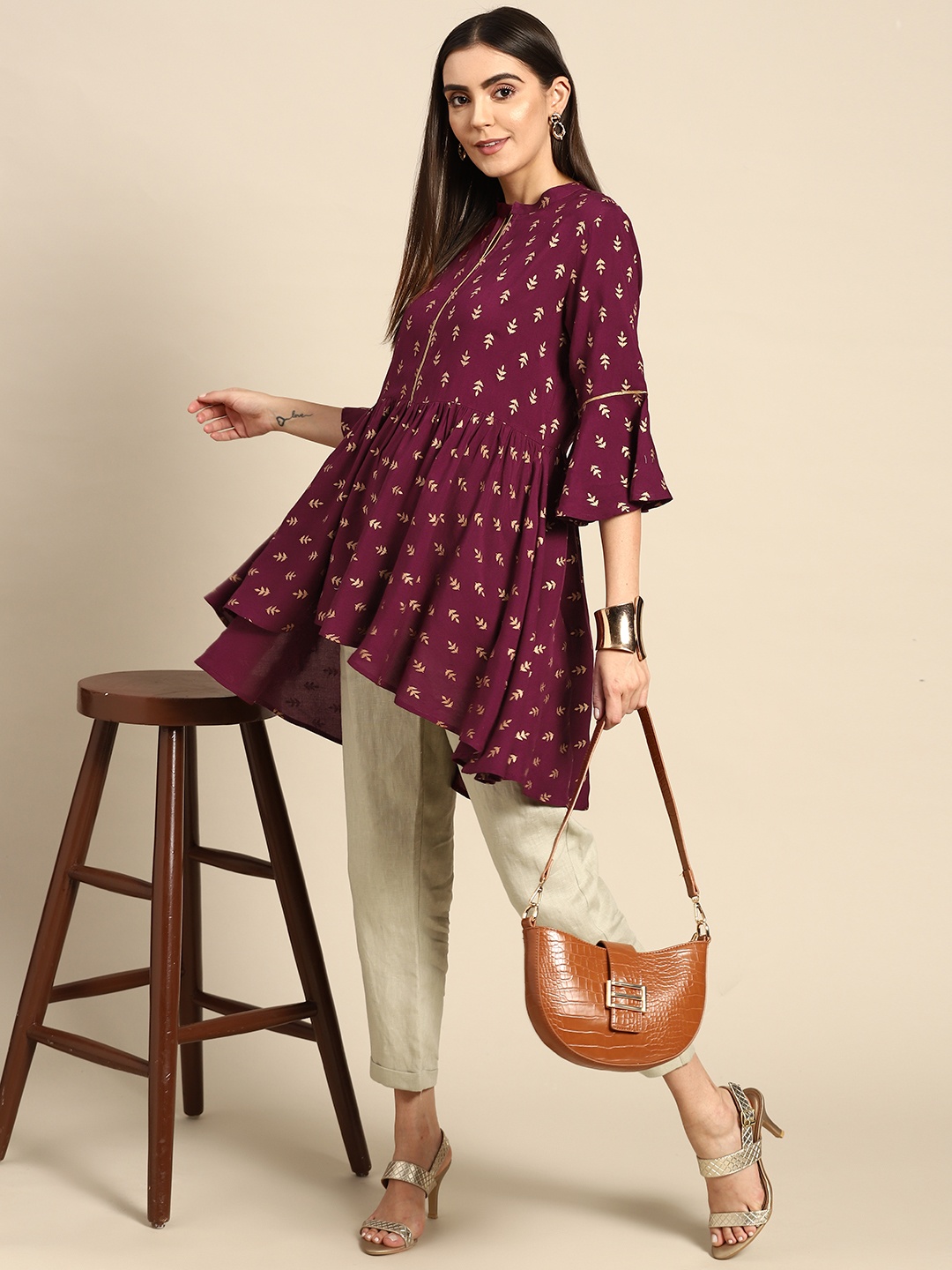 

Anouk Women Burgundy & Golden Printed High-Low A-Line Top
