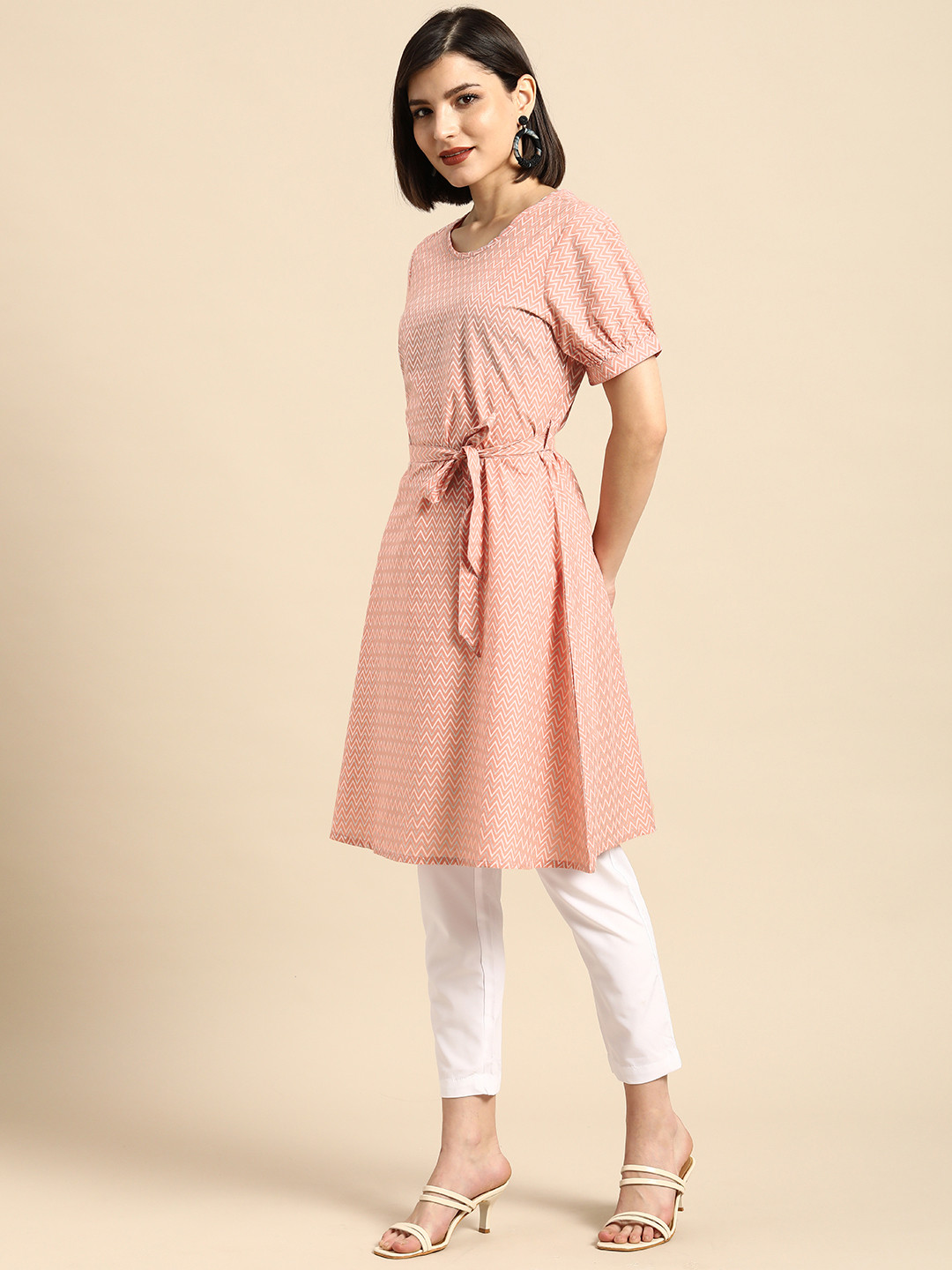 

Anouk Women Peach-Coloured Geometric Printed Pure Cotton Casual Kurta