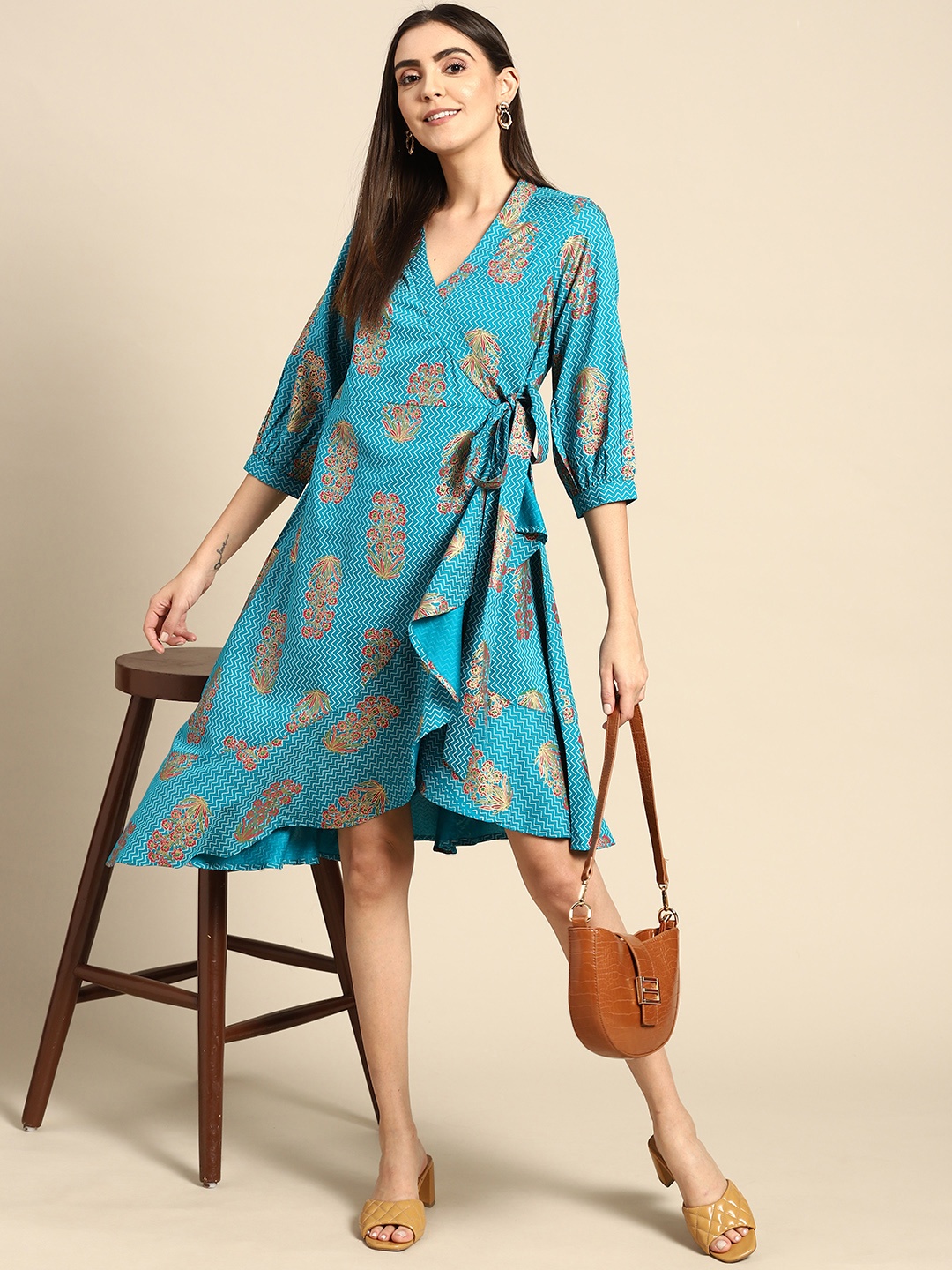 

Anouk Women Blue & Pink Printed Ethnic Wrap Dress