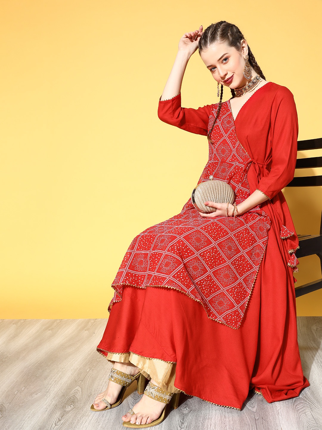 

Anouk Women Red & White Bandhani Printed Angrakha Gotta Patti A-Line Kurta