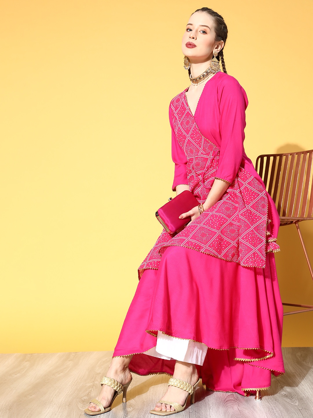 

Anouk Women Pink & White Bandhani Printed Angrakha Gotta Patti A-Line Kurta